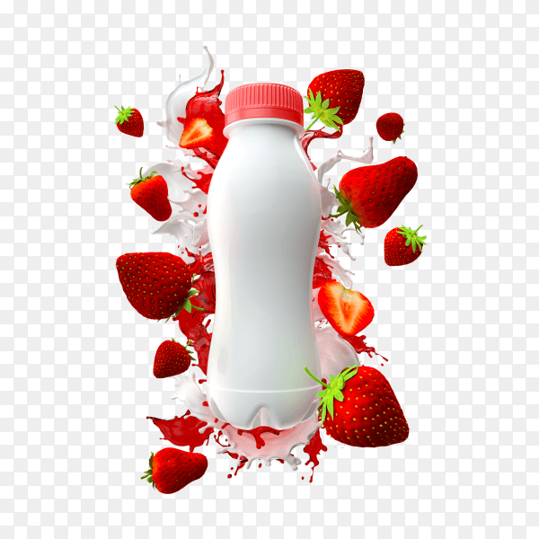 Yogurt bottle mockup with milk splash and strawberry 3d render on transparent background PNG