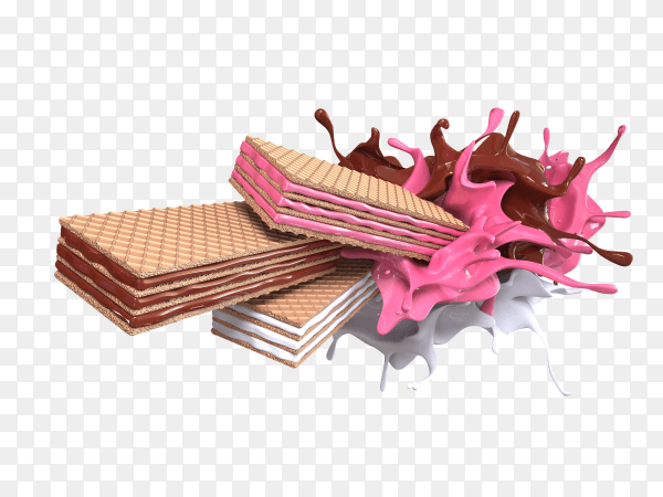 3d render set crispy wafer chocolate splash strawberry splash and vanilla or milk splash on transparent background PNG