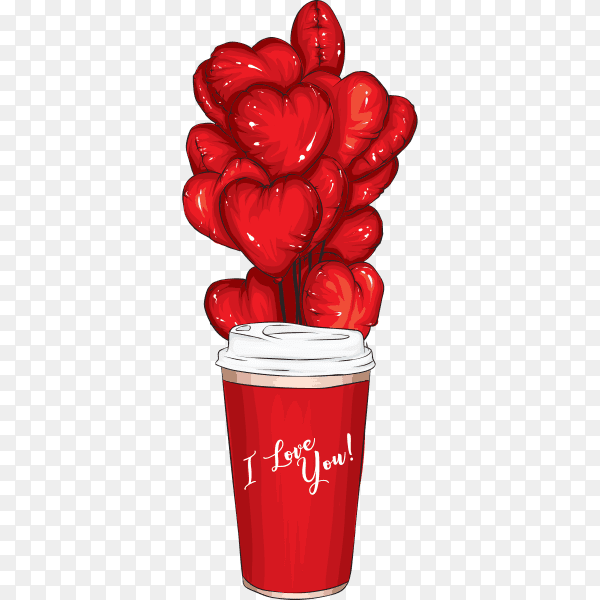 A glass of coffee with balloons in the shape of hearts on transparent background PNG