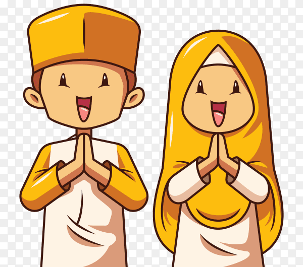 A sticker template with Muslim boy and girl praying on transparent background PNG