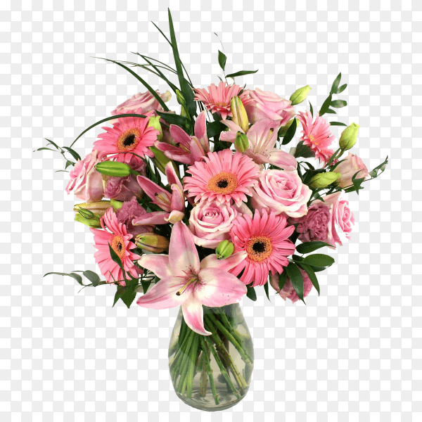 Beautiful bouquet of spring flowers in a vase on transparent background PNG