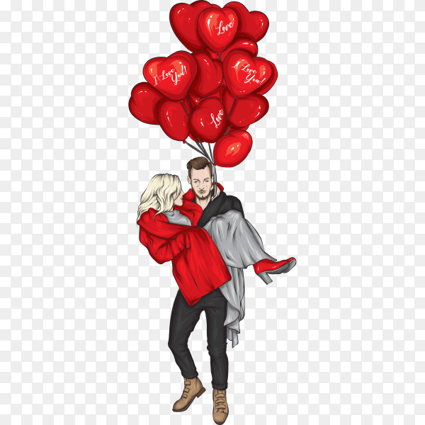 Beautiful couple in love. A man and a girl in winter clothes walk around the city. A man holds a woman in his arms on transparent background PNG