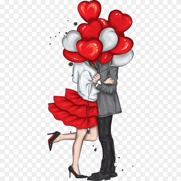 Beautiful couple with balloon hearts on transparent background PNG