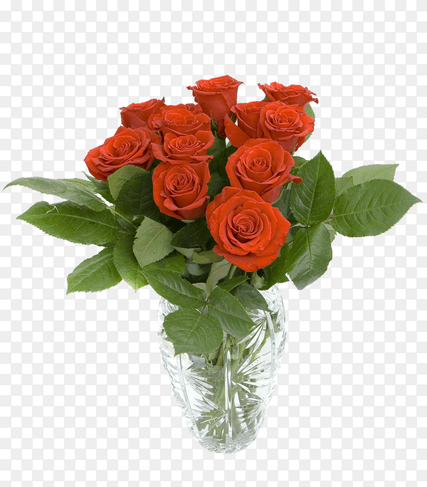 Beautiful red bouquet in glass vase on transparent background PNG