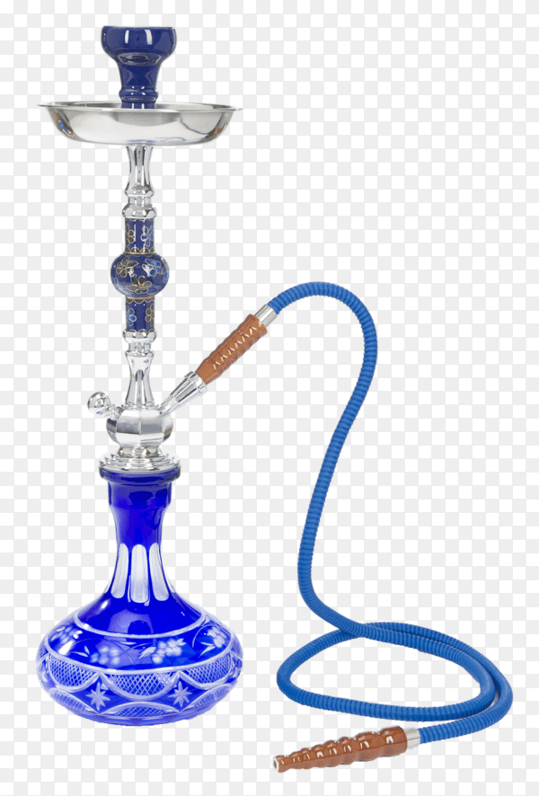 Blue nargile for tobacco smoking made of metal with long hookah hose isolated on transparent background PNG
