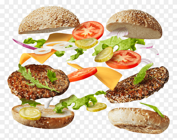 Burger with flying ingredients on transparent background PNG
