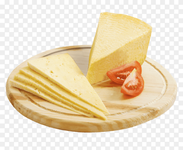 Cheese and tomato on wooden surface on transparent background PNG