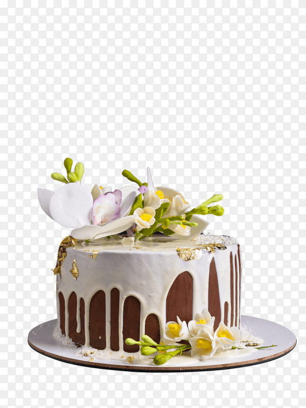 Chocolate cake decorated with flowers and poured white icing on transparent background PNG