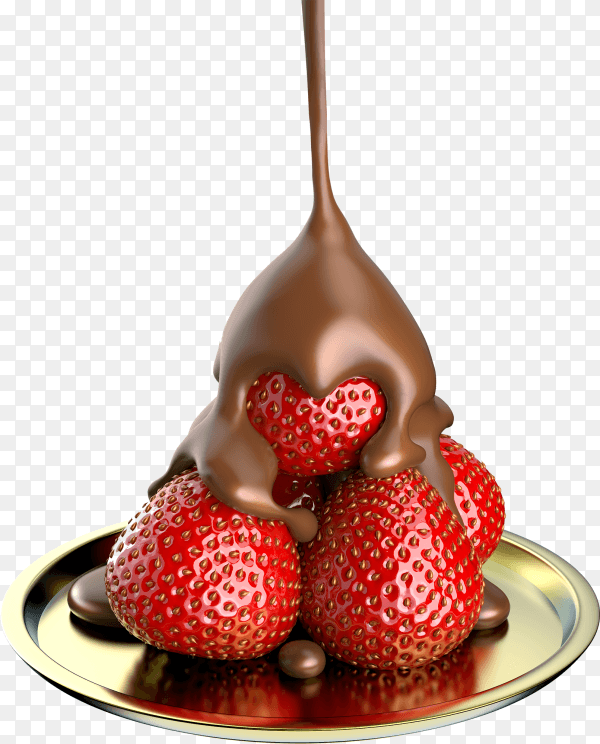Chocolate falls on sweet strawberry in goldplate on transparent background PNG