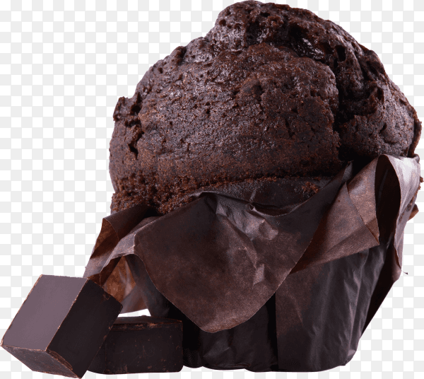 Chocolate muffin in brown paper with pieces of dark chocolate on transparent background PNG