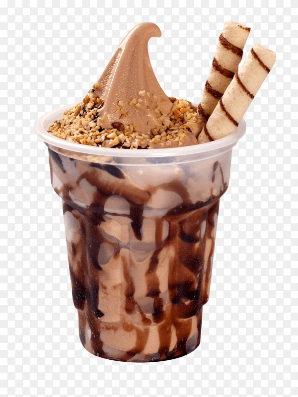 Chocolate sundae ice cream with chocolate syrup in cup on transparent background PNG