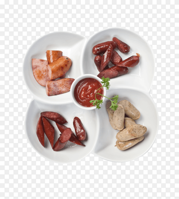 Chopped sausages fried with spices isolated on transparent background PNG
