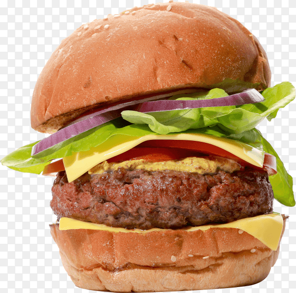Close up tasty homemade beef burgers with cheese and some vegetables on transparent background PNG