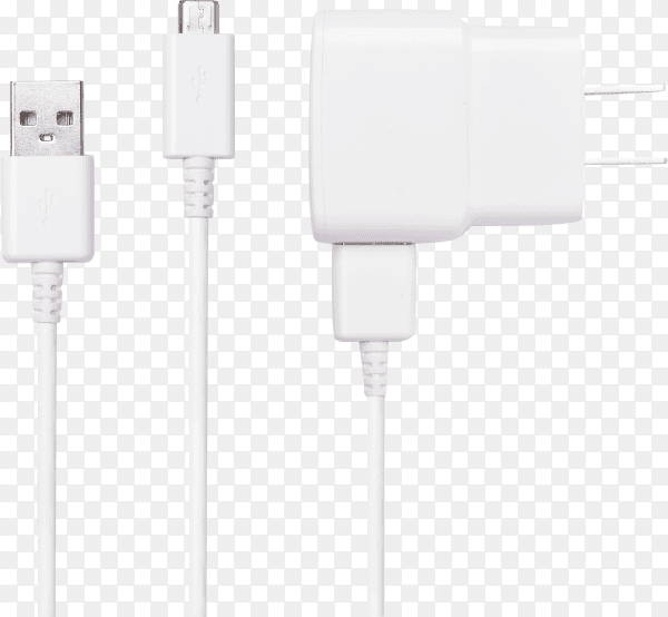 Close up white usb and micro usb cable plug with USB power plug adaptor isolated on transparent background PNG
