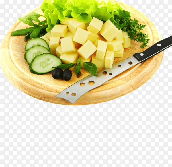 Cubes of cheese with vegetables on wooden board on transparent background PNG