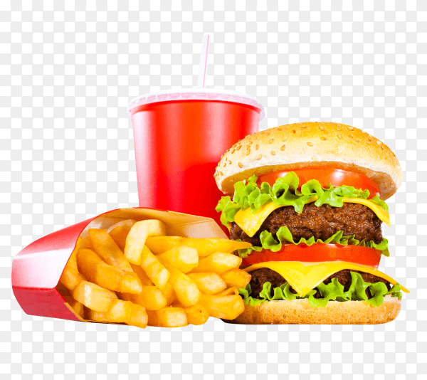 Delicious burger with potatoes and Pepsi on transparent background PNG