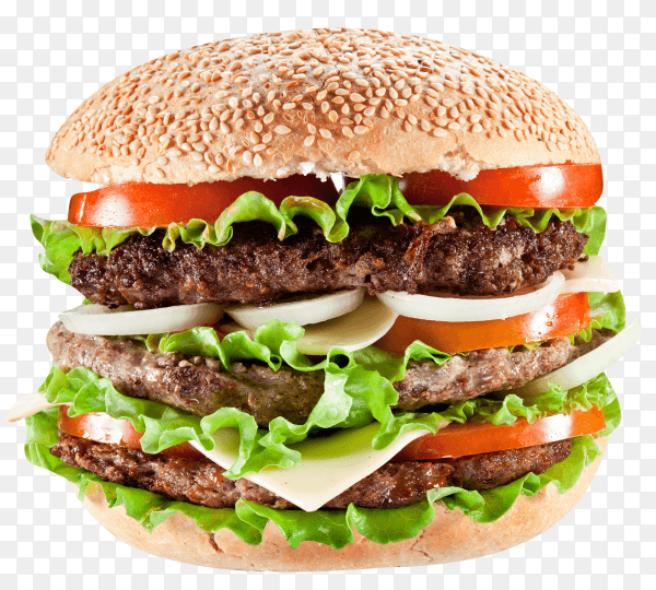 Delicious large double burger with vegetables on transparent background PNG