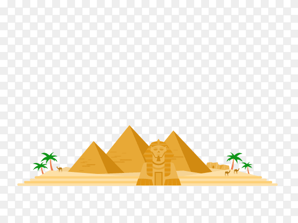 Desert landscape with Egyptian pyramids and camels on transparent background PNG
