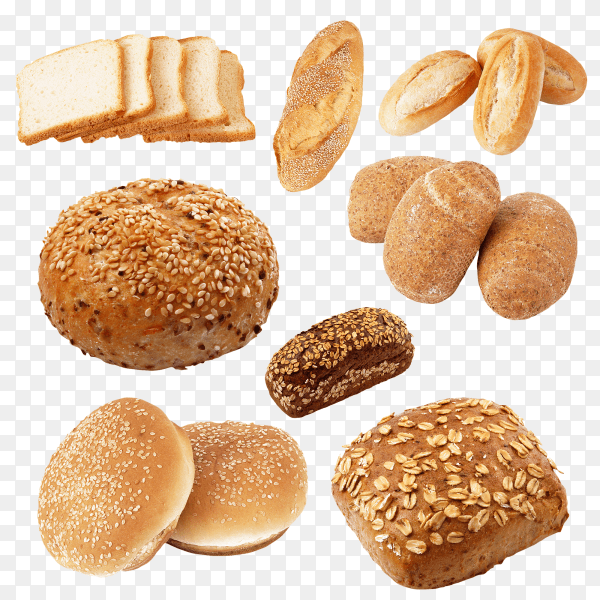 Different kinds of fresh bread on transparent background PNG