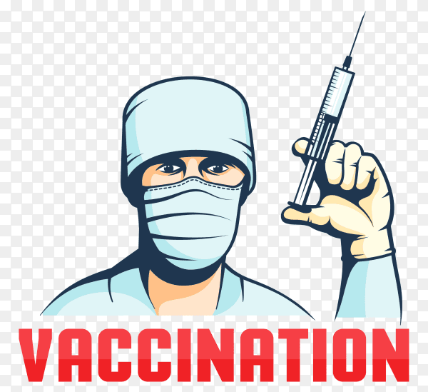 Doctor wearing medical mask with syringe on hand on transparent background PNG