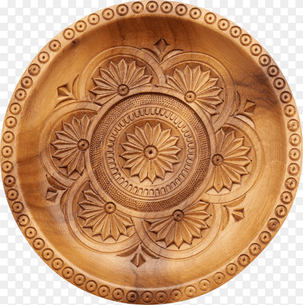 Empty round wooden plate with carved ornament isolated on transparent background PNG
