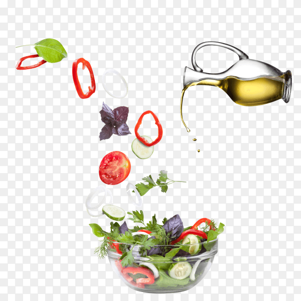 Falling vegetables for salad and oil isolated on transparent background PNG
