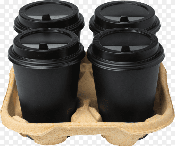 Four black takeaway cups of coffee in a carton tray on transparent background PNG
