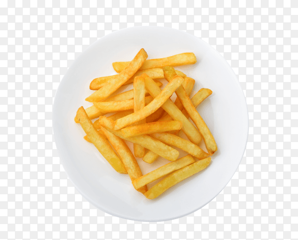 French fries on a white rectangular ceramic plate on transparent background PNG
