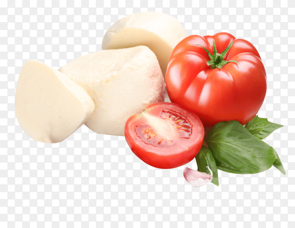 Fresh mozzarella cheese and tomato on transparent background PNG