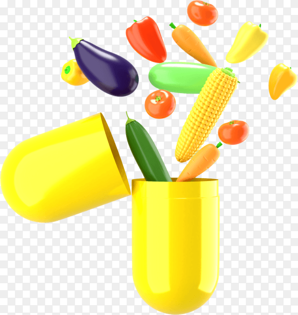 Fresh vegetables fly out of the pill on transparent background PNG