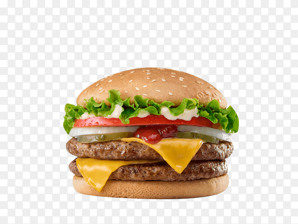 Front view meat burger with cheese salad and tomatoes on transparent background PNG