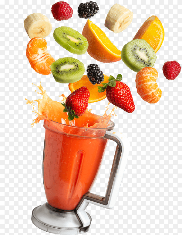 Fruits flying in a blender with fruit juice on transparent background PNG