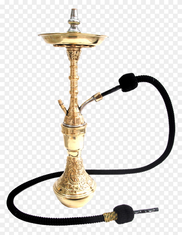 Golden nargile for tobacco smoking made of metal with long hookah hose isolated on transparent background PNG