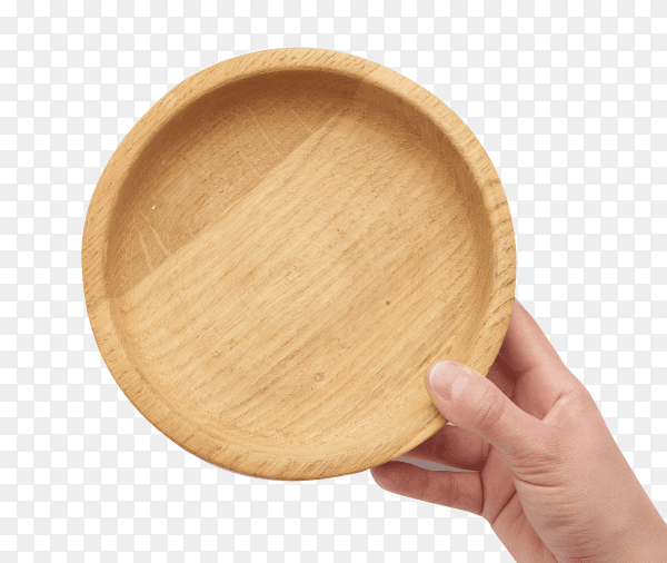 Hand holds empty brown wooden plate isolated on transparent background PNG
