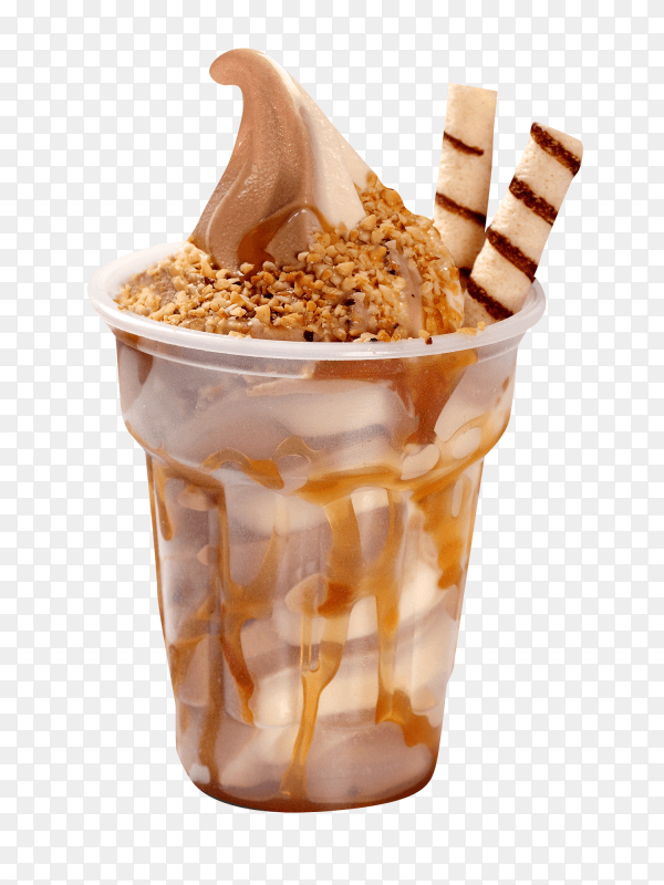 Ice cream sundae with caramel sauce in glass on transparent background PNG