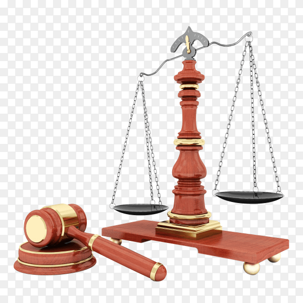 Law isometric composition with Judge's gavel and scale of justice on transparent background PNG