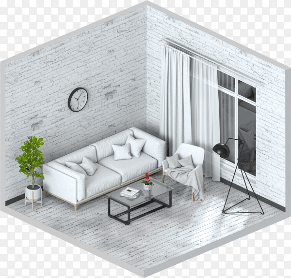 Minimalist interior living room on transparent background PNG