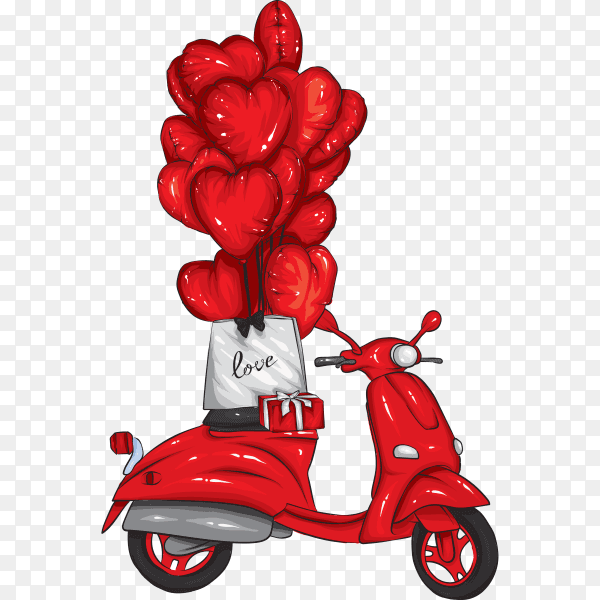 Motorcycle with heart-shaped balloons on transparent background PNG