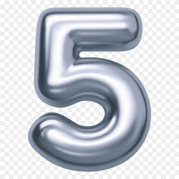 Number Five with silver color on transparent background PNG