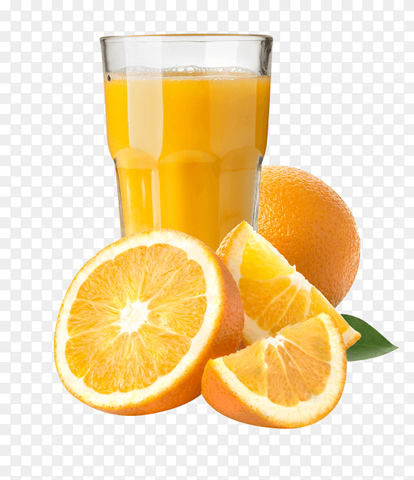 Orange juice in a glass with oranges on transparent background PNG