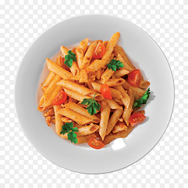 Pasta in tomato sauce with chicken and tomatoes on transparent background PNG