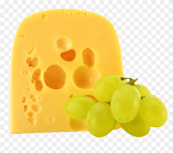 Piece of cheese and grapes isolated on transparent background PNG