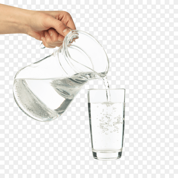 Pouring purified fresh water from the jug in glass on transparent background PNG