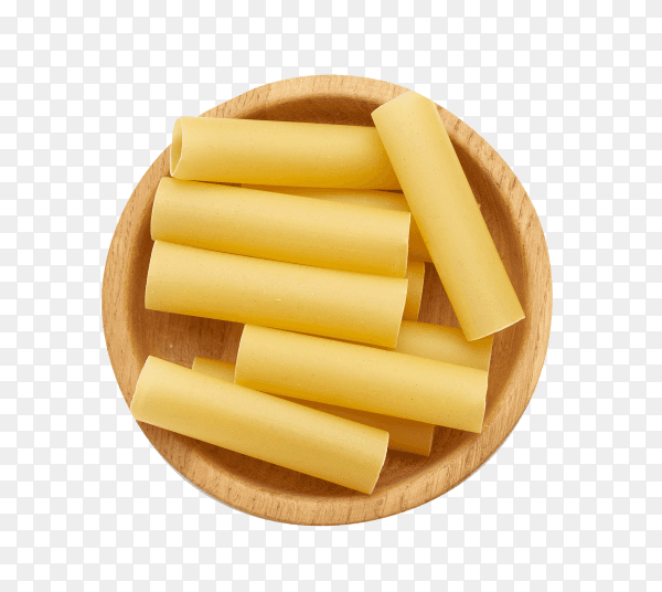 Raw cannelloni pasta in a wooden round plate isolated on transparent background PNG