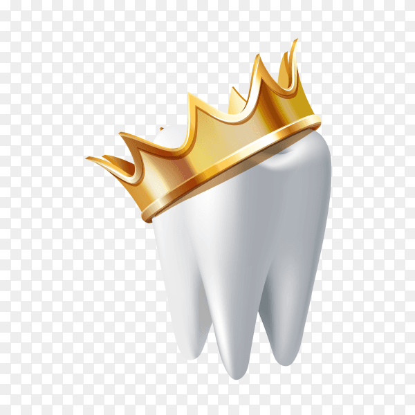 Realistic white tooth with golden crown isolated on transparent background PNG