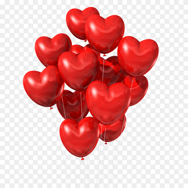 Red heart shaped balloons floating in the sky on transparent background PNG