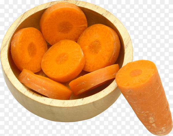 Slice of carrot in wooden bowl isolated on transparent background PNG