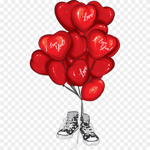 Sneakers with heart-shaped balloons. Shoes. illustration for greeting card or poster on transparent background PNG