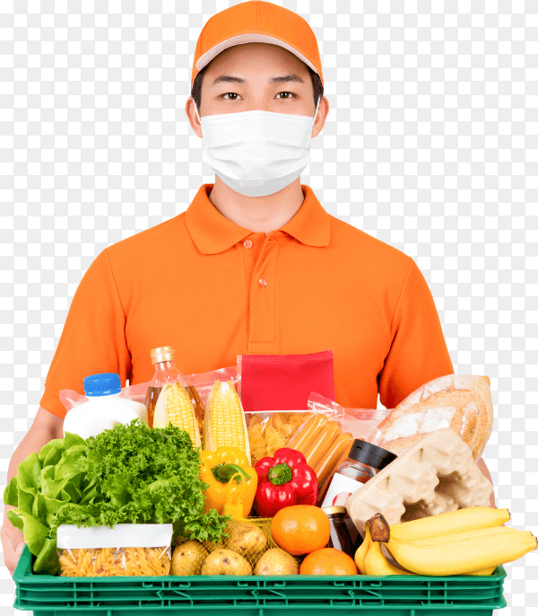 Supermarket delivery man wearing medical mask while holding food and groceries basket isolated on transparent background PNG