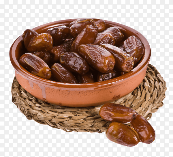 Sweet dates out of wooden bowl on transparent background PNG